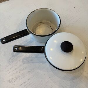 vintage enamelware double boiler. White with black trim. Rustic Farmhouse